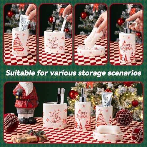 Christmas Bathroom Accessories Set, 4-Piece Ceramic Bathroom Accessory Set Include Lotion Dispenser, Toothbrush Holder Tumbler, and Soap Dish (White)