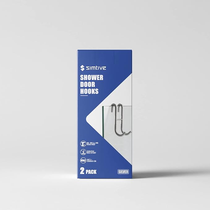Simtive Shower Door Hooks (2-Pack), Towel Hooks for Bathroom Frameless Glass Door, Shower Squeegee Hooks, Silver