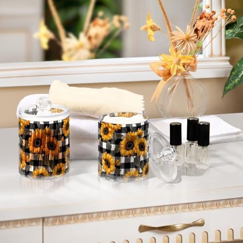 ALAZA Bathroom Canister Set of 2 Sunflower Black White Plaid Qtip Holder Dispenser Clear Plastic Apothecary Jars with Lids Bathroom Organizer Storage Containers for Cotton Swab, Ball, Pads, Floss