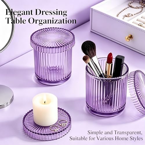 2 Pack Glass Qtip Holder Dispenser Set - Bathroom Organizer for Cotton Swabs, Balls, Pads, Floss Picks - Clear Apothecary Jars for Vanity, Makeup Storage, Bathroom Accessories Decor (Purple)