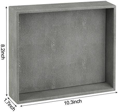 HofferRuffer Decorative Desktop Organizer Tray, Bathroom Vanity Tray, Storage Jewelry Perfume Dresser Tray, Catchall Tray for Change Coin Key, 10.2 x 8.4 x 1.8 inches (Dark Grey Faux Leather Shagreen)
