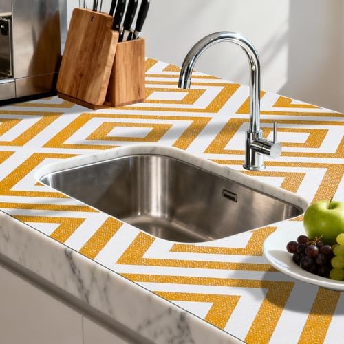 FIFTY FEET 18"x96" Non-Adhesive Shelf Liner for Kitchen Cabinets and Drawers, Washable Non-Slip PVC Cabinet Liner (Yellow Plaid)(1 Roll)