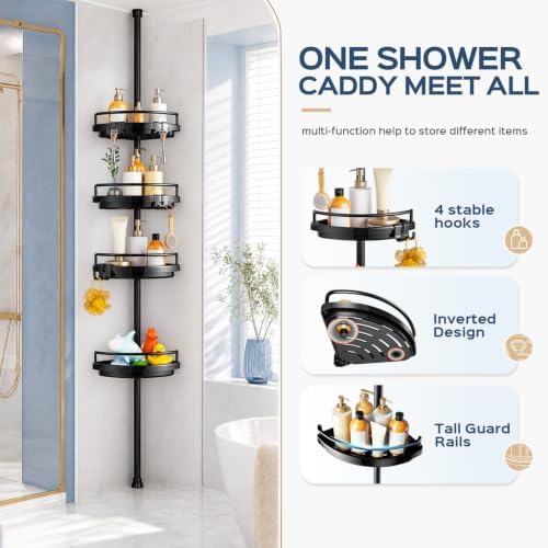 HAMITOR Corner Shower Caddy Tension Pole: Adjustable Stainless Steel Shower Organizer 4 Tier Shelf for Bathroom Bathtub Shampoo - Floor Standing Rack Bath Storage Holder with Rust Proof Rods - Black