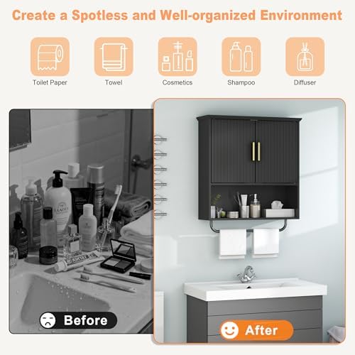 Wall Mounted Cabinet with Towel Bar & Shelves for Kitchen Bathroom
