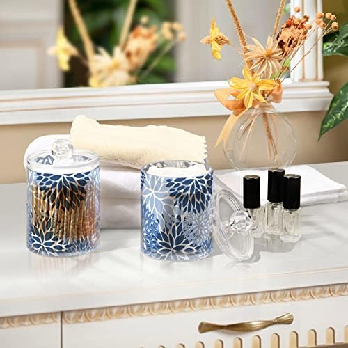 Fustylead 4 Pack Blue Chrysanthemum Plastic Apothecary Jar Set for Bathroom Storage, Qtip Holder Dispensers for Cotton Ball, Swab, Round Pads, Floss