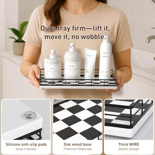 Toilet Paper Basket Organizer, Oak Wood Toilet Tank Tray with Metal Frame