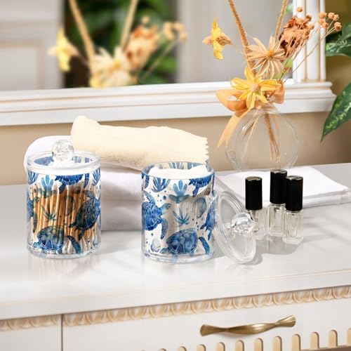 Watercolor Blue Turtles and Shells Qtip Dispenser 2 Pack Clear Plastic Apothecary Jars Bathroom Counter Organizer for Cotton Ball, Swab, Floss, Makeup Sponges, Hair Clip 10 Oz