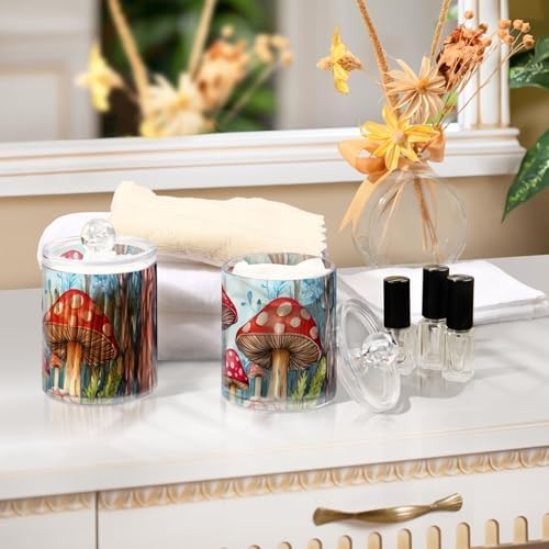 Fustylead 4 Pack Watercolor Colorful Mushrooms in Forest Plastic Apothecary Jar Set for Bathroom Storage, Qtip Holder Dispensers for Cotton Ball, Swab, Round Pads, Floss
