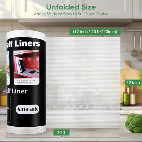 Anoak Shelf Liner Cabinet Liner, Non Adhesive Drawer Liner, Washable 12 Inch x 20 FT x 4Rolls Waterproof Durable Non-Slip Shelf Liner for Kitchen, Drawer, Refrigerator