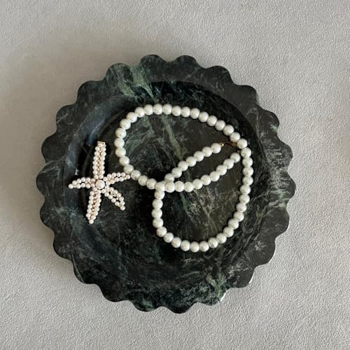 Travertine Marble Scalloped Tray Round Wave Tray Small Serving Platter for Counter, Bathroom, Kitchen, Nightstand, Jewelry Ring Dish Holder (White Dark Green)