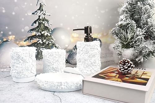 Hymmah Bathroom Accessories Set,Rose Design Bathroom Set,Farmhouse Bathroom Decor,4 Pcs Resin Gift Set Apartment Necessities, Contain Cotton Swab Jar,Soap Dispenser,Soap Dish,Tumbler White