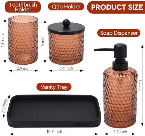 Bathroom Accessories Set,4 Pcs Amber Glass Bathroom Accessories Sets-Lotion Soap Dispenser,Toothbrush Holder,Qtip Holder Dispenser & Resin Vanity Tray,Countertop Vanity Organizer,Amber