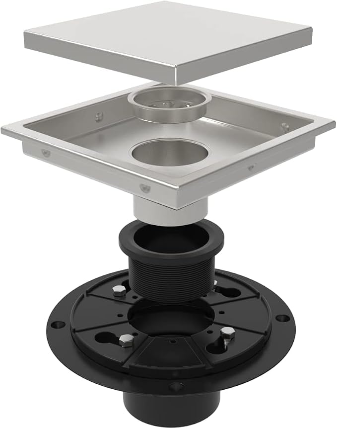 ELLO&ALLO 6 Inch Square Shower Drain Floor Drain with Flange Reversible 2-in-1 Cover Tile Insert Grate Removable SUS304 Stainless Steel in Brushed Nickel
