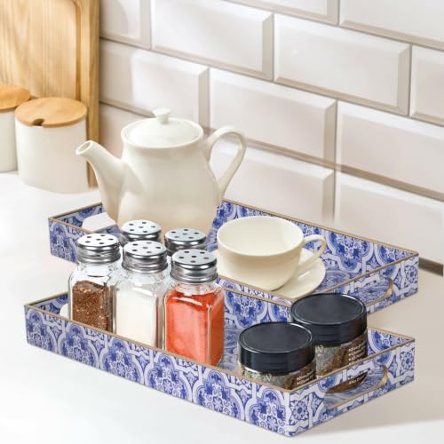 MAONAME Blue Vanity Tray Set of 2, Plastic Decorative Trays with Handles