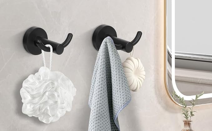 Black Towel Hooks, Bathroom Robe Hook 2 Pack, Towel Hooks Rack Bath Modern Coat Clothes Single Hook Wall Mounted for Bathroom Kitchen Washroom