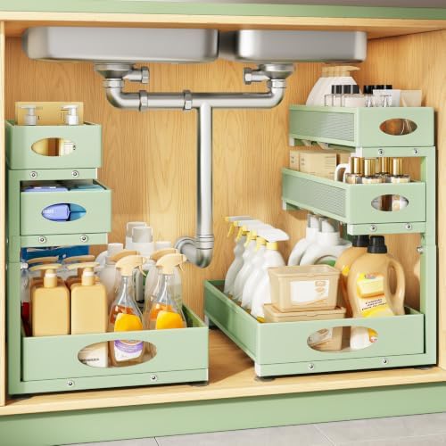 Kitstorack Under Sink Organizer 3-Tier Slide Out Drawer 2-Pack Green