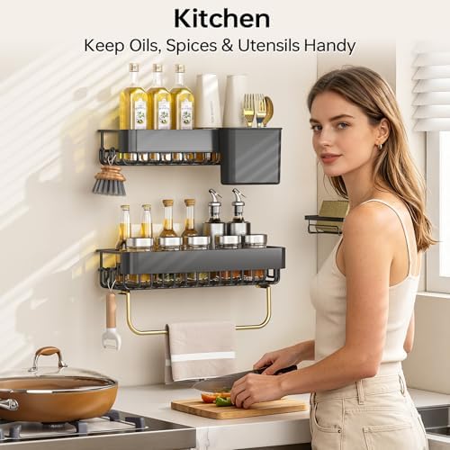 KINGRACK Shower Caddy Adhesive 4-Piece Rust-Resistant Shower Shelves, No-Drill Bathroom Shower Organizer with Large Capacity for Bathroom, Kitchen, and Laundry,Black