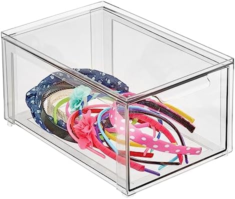 mDesign Plastic Stackable Bathroom Storage with Pull Out Bin Organizer Drawer for Cabinet, Vanity, Shelf, Cupboard, Cabinet, or Closet Organization - Lumiere Collection - 4 Pack - Clear
