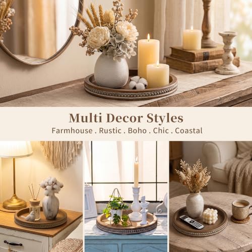 Hanobe Round Wooden Tray Decor for Coffee Table, Decorative Candle Plate