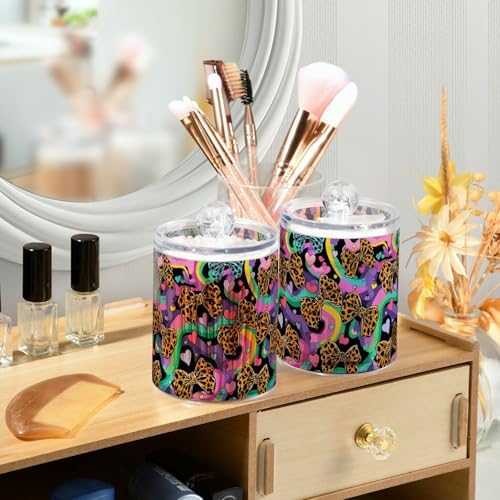 Gredecor 4 Pack Qtip Holder Clear Leopard Bows Heart Apothecary Jars with Lids Acrylic Bathroom Jars Vanity Countertop Canister Storage Organizer for Cotton Ball,Swabs,Pads,Floss