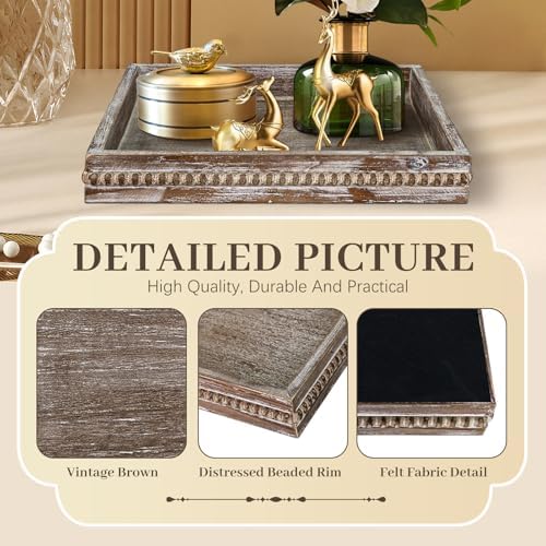 Wooden Decorative Tray, Small Serving Tray with Wood Bead, Farmhouse Big Tray for Ottoman, Countertop, Coffee Tabl, 13" x 13"x 1.6" (Retro Brown)