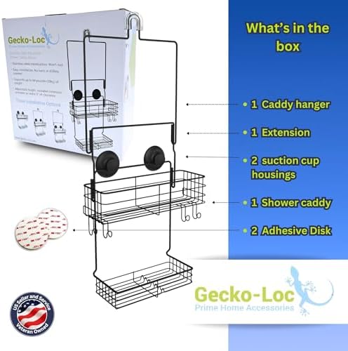 Gecko-Loc Extra Long Wide Adjustable Length over the showerhead hanging shower caddy organizer - for Shampoo, Soap, & Razors - Black