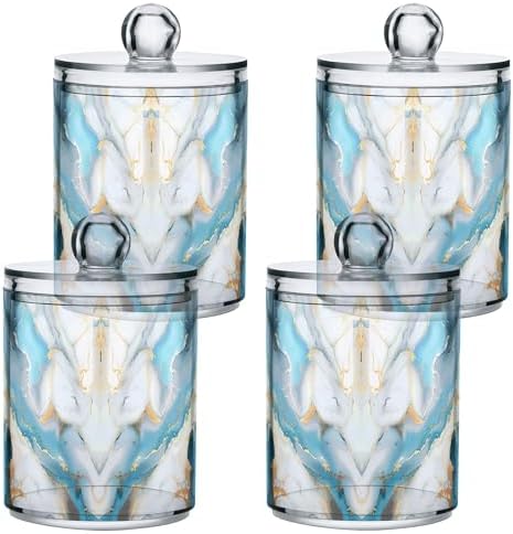 MNSRUU 4 Pack Qtip Holder Organizer Dispenser Light Blue and White Marble Bathroom Storage Canister Cotton Ball Holder Bathroom Containers for Cotton Swabs/Pads/Floss