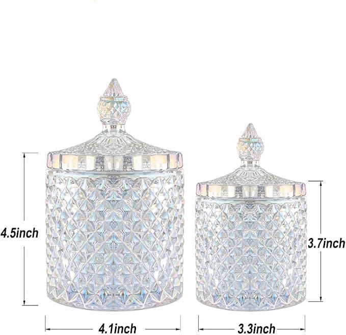 2 Pack Glass Qtip Holder, Apothecary Jars with Lids Bathroom Storage | Dazzle (10+24oz), Storage for Cotton Swabs, Balls, Pads, Floss Pick, Makeup, Candy & Jewelry, Vanity Organizer for Bathroom