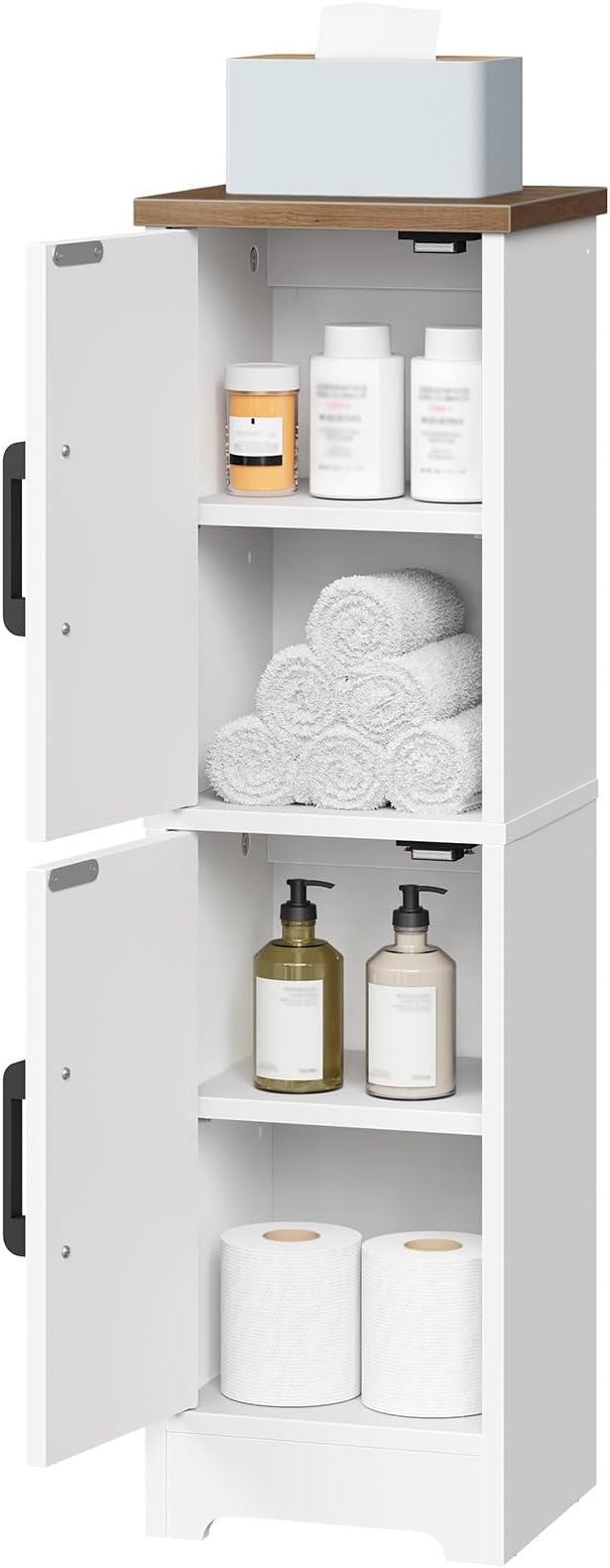 HOOBRO Small Bathroom Storage Cabinet, Farmhouse Corner Floor Storage Cabinet with 2 Doors and Adjustable Shelves, Toilet Paper Cabinet for Small Spaces, 8.3" D x 8.3" W x 30.7" H, White and Walnut
