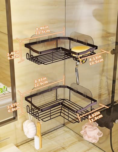 SWTYMIKI Stainless Steel Corner Shower Caddy, Shower Storage Basket Shelves with 11 Hooks, 2-Pack Shower Organizers Built-in Soap Holder No Drilling Shower Racks for Bathroom, Bronze