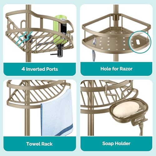 HAMITOR Shower Caddy Corner Tension Pole Adjustable No-Drill Bathroom Shelf
