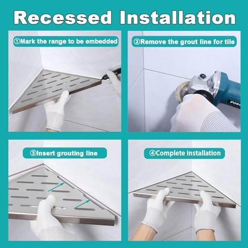10" Corner Shower Shelf, 2-Pack Bathroom Shelves for Tile Walls, SUS304 Stainless Steel Recessed Shower Shelf, Grout in Corner Organizer Shelves, Brushed Silver