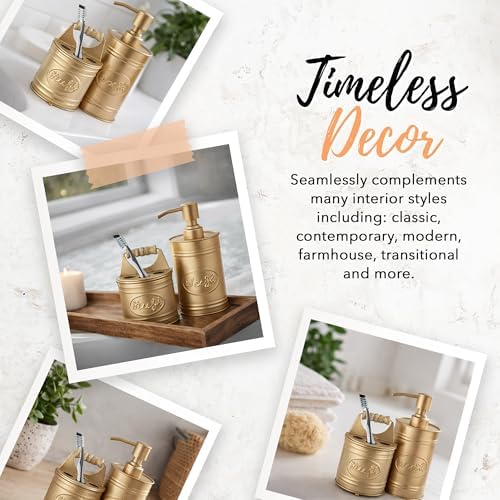 Autumn Alley Kids Bathroom Accessories Set – 2-Piece Antique Gold Soap Dispenser & Toothbrush Holder, Farmhouse Bathroom Countertop Organizer for Kids, Durable Metal Bathroom Set with Wood Handle