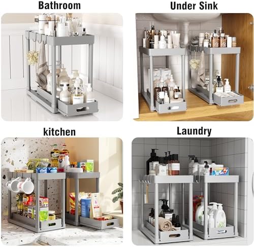 2 Pack Pull-Out Storage Organizers, Under Sink Organizer and Storage for Bathroom & Kitchen,Multi-Purpose Under Cabinet Organizers and storage Black