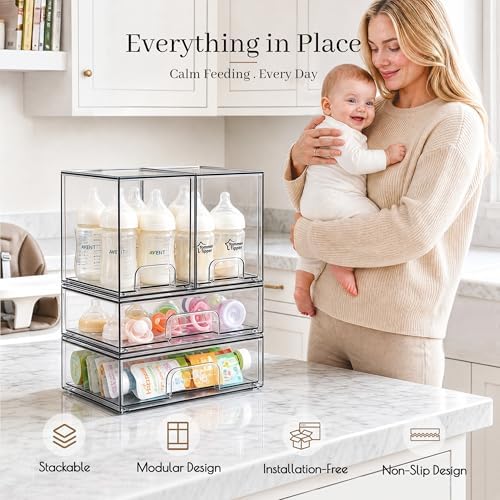 TIPGO Clear Stackable Storage Drawers, Baby Bottle Organizer, Easily-Access Makeup Organizer, Durable Containers for Bathroom Countertop, Cabinet, Pantry and Medicine Organization
