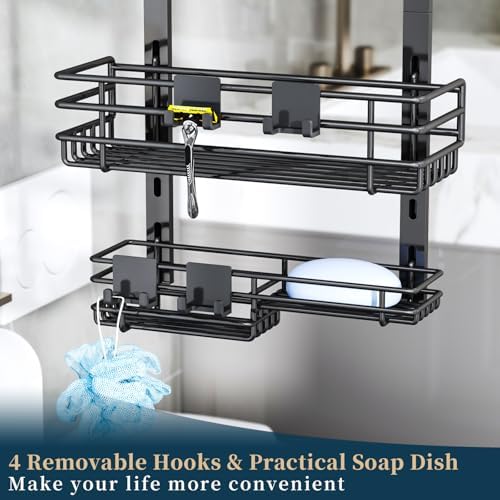 Consumest Over The Door Shower Caddy - 5 Tier Adjustable Shower Organizer Hanging with 2 Toothbrush Holders & 4 Hooks, Rustproof Organizer Shelf, Storage Rack for Bathroom, Black