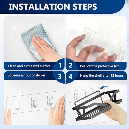 Shower Caddy Adhesive Replacement Hooks, Strong Waterproof Strips, No Drilling for Bathroom Shelves, Kitchen Racks, and Soap Holders (Transparent-4 Pack 3 Hook)