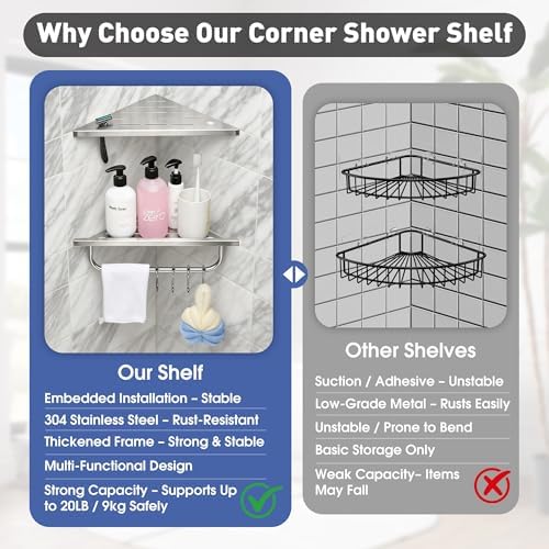 Shower Corner Shelf, 10'' Corner Shower Shelf with Towel Bar & Hooks, 2-Pack 304 Stainless Steel Recessed Bathroom Shelves, Grout in Bathroom Shower Shelf for Tiled Wall,(Brushed Nickel)