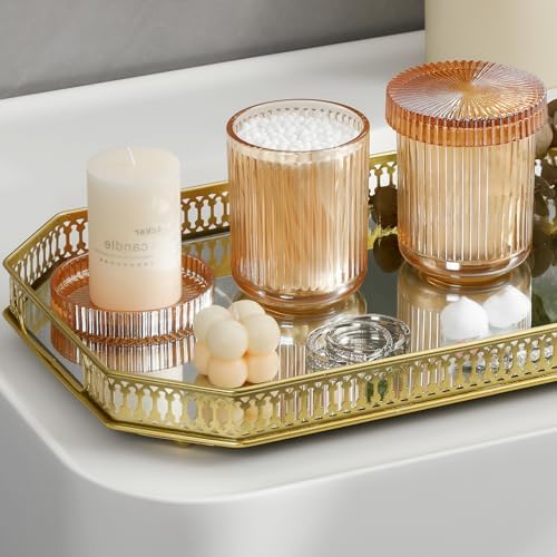 rejomiik Thick Glass Qtip Holder Apothecary Jars with Lids, Amber