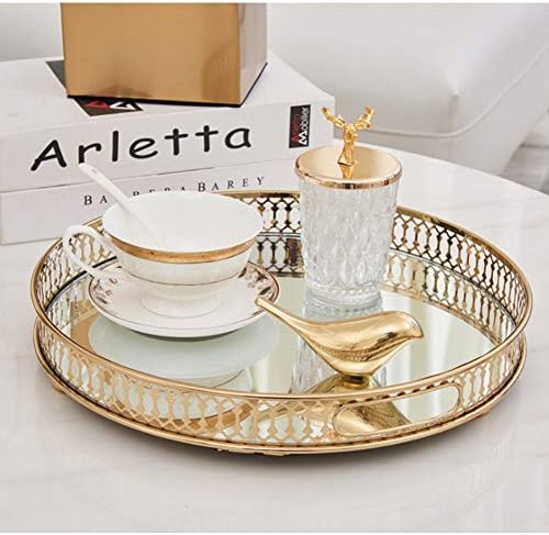 Vintage Gold Mirror Tray,Round Shape(12.6in) Ornate Geometric Brass Plated and Glass Display Storage Organizer,Jewelry Perfume Makeup Organizer Tray, for Dresser, Bathroom, Bedroom