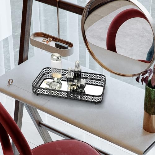 ELLDOO Black Mirror Glass Perfume & Makeup Vanity Tray, Large Size