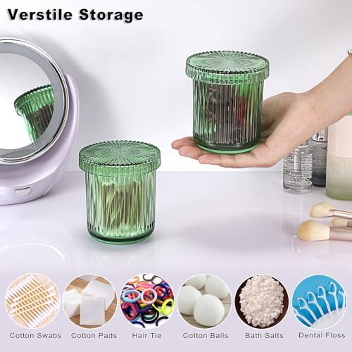 2 Pack Glass Qtip Holder, Qtip Dispenser Bathroom Storage Jars-Green