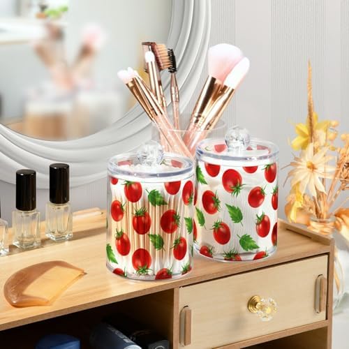DOMIKING Fruit Leaf Vegetable White 2 Pack Cotton Swab Holder Dispenser Plastic Jar Bathroom Storage Canister Acrylic Containers for Cotton Round Pads Ball Swab