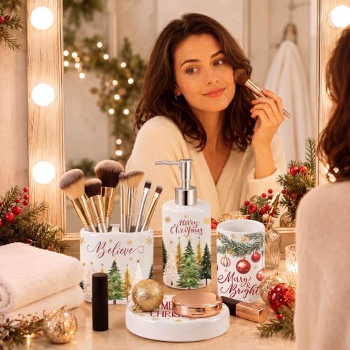4 Pcs Christmas Ceramic Bathroom Accessories Gifts Xmas Tree Bath Tumbler Soap Dispenser Toothbrush Holder Soap Tray Merry Xmas Bathroom Decorations (White Merry Christmas)