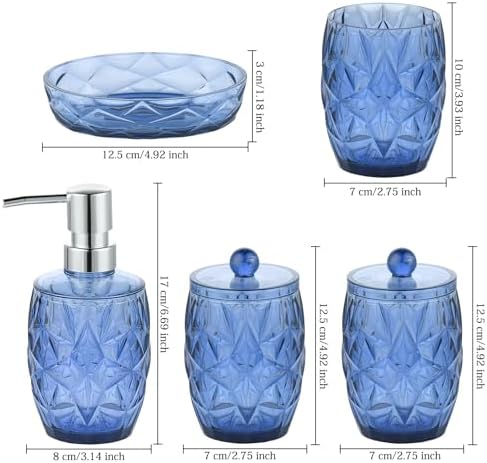 Modern Shatterproof Acrylic Cobalt Blue Bathroom Accessories Set – 5-Piece Glass-Free Vanity Set with Soap Dispenser, Toothbrush/Makeup Brush Holder, 2 Cotton Jars with Lids, and Soap Dish