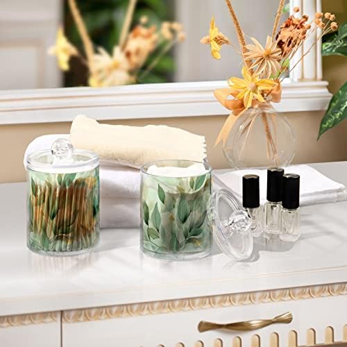 Vnurnrn Green Gold Leaves Clear Plastic Jar Set for Cotton Swab Cotton Ball Cotton Round Pads Floss, Bathroom Canisters Storage Organizer, Vanity Makeup Organizer 4 Pack