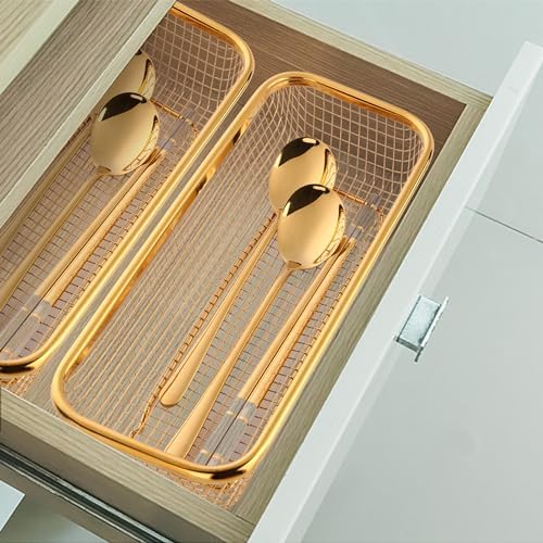 Gold Kitchen Drawer Organizer, Stackable Mesh Storage Baskets, Stainless Steel Silverware Organizer for Holding Knife Fork Spoon, 12.5"x5"x2.5", Pack of 2