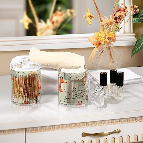 2 Pack Apothecary Jars Bathroom Cute Fox Qtip Holder Dispenser Clear Plastic Storage Canister Jar with Lid for Cotton Ball, Cotton Swab