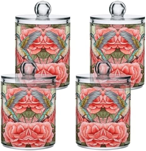 MNSRUU 4 Pack Qtip Holder Organizer Dispenser Flowers and Hummingbirds Pink Bathroom Storage Canister Cotton Ball Holder Bathroom Containers for Cotton Swabs/Pads/Floss