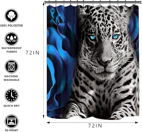 NBVKO 4PCS Blue Rose and Leopard Shower Curtain Set with Non-Slip Rugs,Toilet Lid Cover and Bath Mat,Bathroom Decor Accessory Set